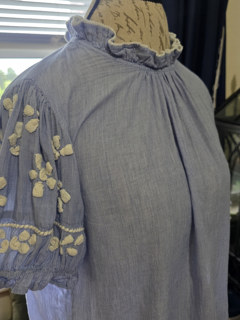 THML Light Blue Ruffled Mock Neck Embroidered Sleeve Blouse - Picture 4 of 10